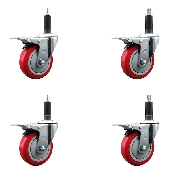 4'' Red Poly Swivel 1'' Expanding Stem Caster Set Total Lock Brake, 4PK